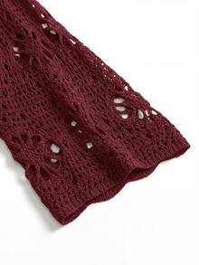 SHEIN CURVE+ Pullover Ukuran Besar Motif Bunga Berlubang dengan Lengan Kelelawar, Pullover Rajut Hijau, Musim Gugur dan Dingin 2026 22W - Burgundy - View 3