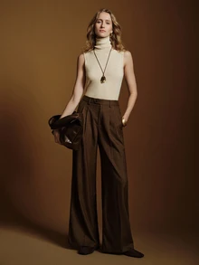 Anewsta Essential Women's Modern Retro Striped Loose Wide Leg Pants, Relaxed Drape Old Money Style Straight Leg Slimming Commute Versatile Casual Long Trousers - Coffee Brown - View 2