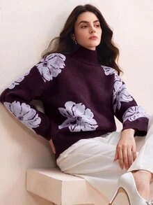 Anewsta Elegant Fashion Commuter Style Floral Rhinestone Women's Sweater - Purple - View 4