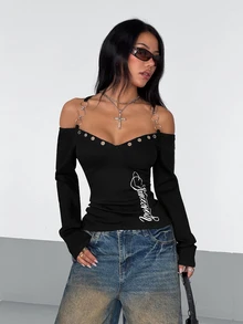 StreetHx Women's Black Casual Sexy Eyelet Decor Off-Shoulder Chain Trim Fitted Long Sleeve Top - Black - View 4