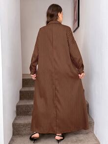 Easowa Curve Women Plus Size Loose Casual Daily Drop Shoulder Lantern Sleeve Striped Long Shirt Dress Fall - Rust Brown - View 2
