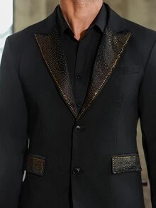 Manfinity Mode Men's Single-Breasted Suit Jacket With Rhinestones And Matching Pants, Autumn, Elegant, Party, Suitable For Business, Banquets, And Ceremonies, Formal - Black - View 3