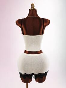 Amplova Autumn/Winter Party Home Daily Date Lace Patchwork Knit Vest Mini Skirt Knit Set - Apricot - View 9