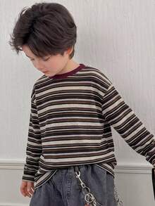 Dazy Kids 大童男孩對比滾邊圓領條紋休閒日常百搭長袖T恤 - 彩色 - 查看 4