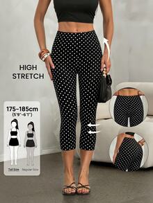SHEIN Tall 高腰波點印花七分緊身褲 - 黑色 - 查看 4
