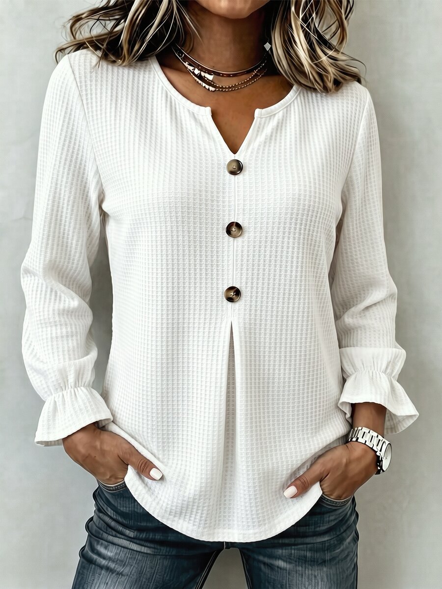 Glimmora Fashionable Retro Casual Basic Waffle Texture Fabric, Button Closure Design, Ruffle Cuff Women's Shirt - White - View 1