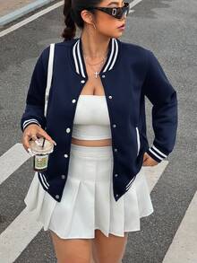 SHEIN EZwear 女款大尺碼秋冬時尚經典棒球夾克 - 藏蓝色 - 查看 4