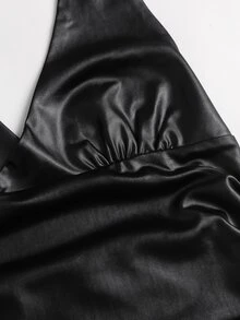 Sweetra Women's Black PU Leather Spaghetti Strap V-Neck Ruched Fitted Camisole Tank Top - Black - View 6