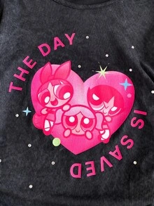 THE POWERPUFF GIRLS X SHEIN 青少年女孩修身休閒Y2K印花針織素色圓領抓皺百搭長袖黑色T恤，適合返校、室內、日常、運動、攝影、假期、生日、秋冬 - 黑色 - 查看 7