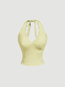 SHEIN MOD 女款蕾絲飾邊休閒百搭日常穿著掛脖上衣 - 綠色 - 查看 8