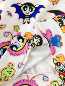 THE POWERPUFF GIRLS X SHEIN 1件青少年女孩休閒百搭彩色卡通圖案連帽寬鬆長袖衛衣，適合日常穿著、秋冬室內運動、攝影、節慶生日 - 彩色 - 查看 7