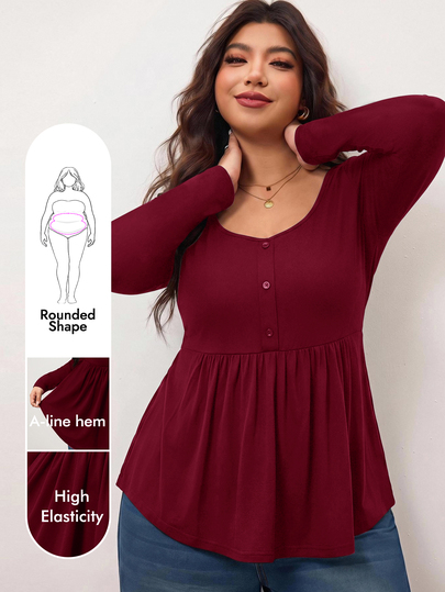 Enliva Plus-Size Women's Casual Everyday Stretch Long-Sleeved Slim-Fit Black Top, Simple Babydoll Style Fall