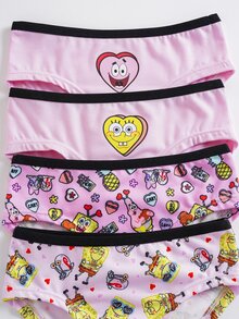 SpongeBob SquarePants | SHEIN 4pcs Girls Toddler Triangle Panties Digital Print All-Over 2pcs + Heat Transfer 2pcs Cute & Adorable 4-7Y - Pink - View 3