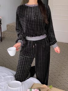 DAZY Women's Plaid Long Sleeve Top And Pants Casual Daily Home Pajama Set - Blue - View 4