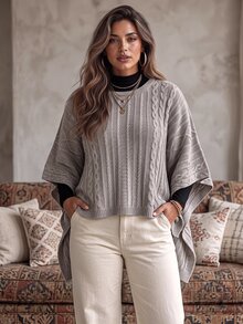 Ceyna Plus Size Women's Fashion Cable Rope Grey Crew Neck Poncho Sweater Pullover Casual Smart Loose Cape Outerwear Top For Autumn/Winter Formal Holiday - Khaki - View 5