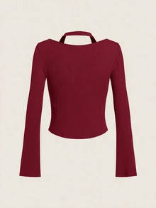 SHEIN EZwear 女款秋冬 Y2K 羅紋針織二合一連身衣喇叭袖長袖上衣 - 酒紅色 - 查看 2