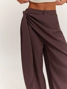SHEIN BAE Fall Clothes For Women's Loose Solid Color Knot Asymmetric Design Casual Long Pants - Coffee Brown - View 5