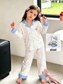 Conjunto de pijama para niñas con estampado de cuadros y gráfico de dibujos animados - Celeste - Ver 8