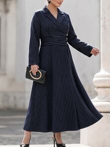 Chikora Plus Size Women's Navy Blue Striped Elegant Dress With Collar And Cinched Waist For Meeting And Commuting - Navy Blue - View 4