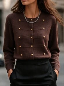 EMERY ROSE Round Neck Vintage Striped Metal Button Knit Cardigan Sweater Jacket Winter - Coffee Brown - View 3