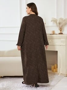 Al Najma Minimalist Casual Knit Jacquard Stand Collar Long Sleeve Loose Regular Fit Spring Autumn Plus Size Women Arabian Dress - Chocolate Brown - View 2