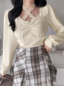 FRIFUL Women's Sweet Versatile Lace Patchwork Pleated T-Shirt - Beige - View 6