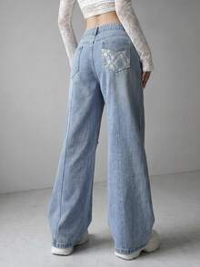 FRIFUL Women's Casual Everyday Denim Jeans With Pocket, Button And Distressed Design - Blue - View 2