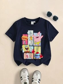 SpongeBob SquarePants | SHEIN 小男孩圓領短袖卡通圖案印花T恤 - 藍色 - 查看 1