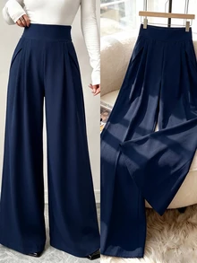 Elenzga Spring Autumn High-Waist Wide Leg Pants For Women With Front Pleats Side Pockets Draped Loose Slimming Double Layer Woven Casual Long Trousers - Navy Blue - View 3