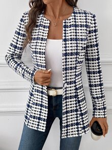 SHEIN Clasi Waist-Cinching Printed Colorblock Button Long Sleeve Blazer Jacket - Blue and White - View 6