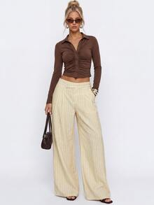 Avantive Women's High Waist Vertical Striped Wide Leg Long Pants - Apricot - View 7