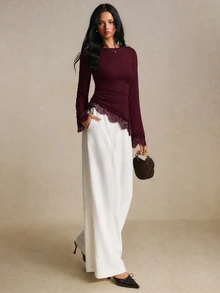 Poéselle Eyelash Lace Trim Ruched Tee - Burgundy - View 2
