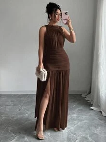 Elenzga 女款長洋裝，肩帶設計、綁繩細節與開衩 - 棕色 - 查看 3