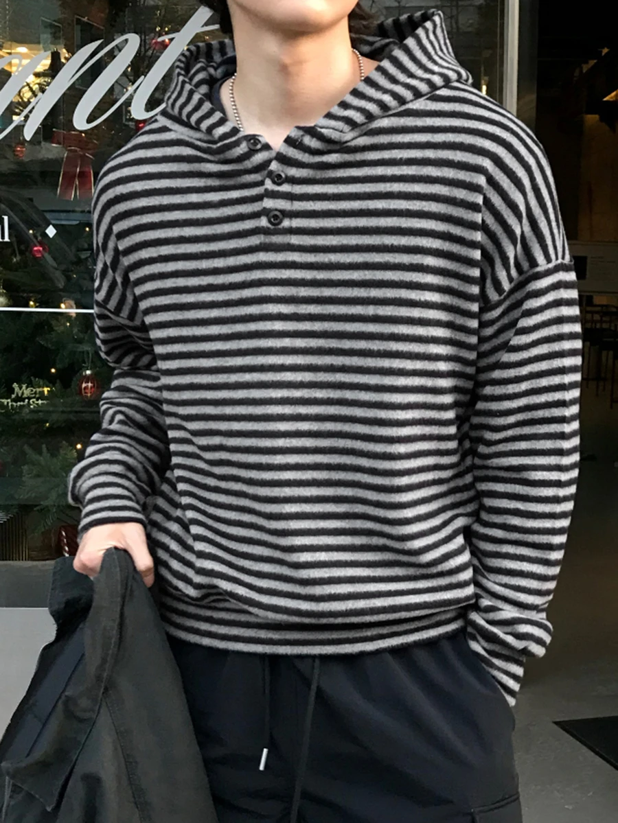 DAZY Autumn/Winter Striped Woolen Black & Grey Placket Button Design Men's Hoodie - Multicolor - View 1