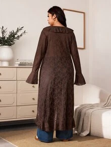 Enliva Plus Size Women's Lace Longline Cardigan Open Front Ruffle Bell Sleeve Duster Halloween Inspired Boho Witchy Cover Up Flattering Compatible With Apple Shape - Brown - View 2
