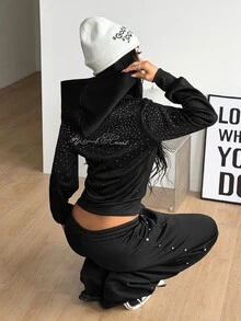 Coolane Women's Fall/Winter Party Rave Outfit Y2k Grunge Punk Streetwear Glitter Sequin Diamond Pattern Warm Fitted Black Zip Up Hoodies Fall Clothes Y2K Tops - Black - View 4