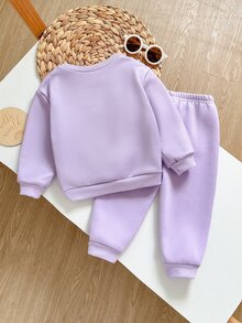 SHEIN Baby Girl Knitted Cute Cartoon Animal Pattern Crew Neck Casual Sweatshirt & Long Pants 2pcs Set Autumn/Winter - Purple - View 2