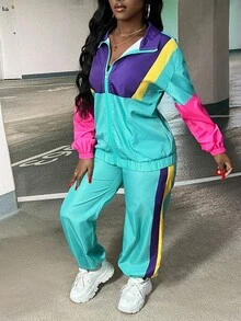 SHEIN CURVE+ Women's 22w Contrast Color Jacket And Jogger Pants 2pcs/Set - Multicolor - View 4