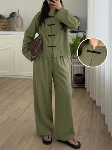 Easowa Curve Women's Plus Size Long Sleeve Loose Casual 2 Pieces Set - Army Green - View 7
