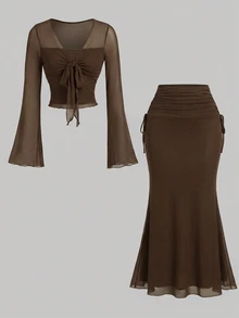 SHEIN MOD 女款修身長袖上衣與百褶裙兩件套 - 棕色 - 查看 3