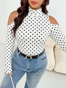 Shapeblank Minimalist Polka Dot Casual Slim Fit Cold Shoulder High Neck T-Shirt Plus Size Autumn/Winter - Multicolor - View 4