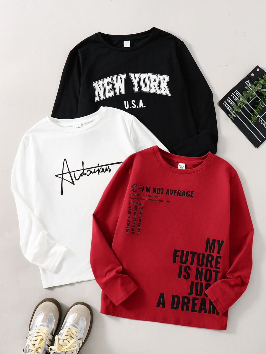 SHEIN 3PCS Tween Boys T-Winter Shirts Autumn Kids - Multicolor - View 1