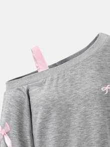 SHEIN 青少年女孩灰色不對稱肩領蝴蝶結裝飾時尚可愛衛衣 - 灰色 - 查看 3