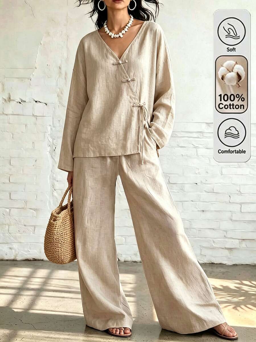 Holdful Holdful Women's Autumn New Casual Frog Button Decor Long Sleeve Two Pieces Set - Apricot - View 1
