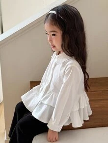 DAZY Infant Girl Solid Color Long Sleeve Top With Turn Collar And Ruffle Trim - White - View 1