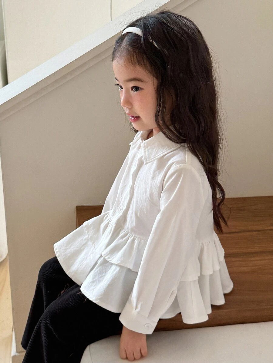 DAZY Infant Girl Solid Color Long Sleeve Top With Turn Collar And Ruffle Trim - White - View 1