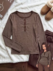 Comfortcana Plus Size Women Autumn Winter Clothing Round Neck Half Button Long Sleeve T-Shirt - Brown - View 1