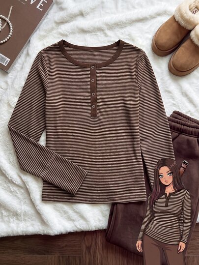 Comfortcana Plus Size Women Autumn Winter Clothing Round Neck Half Button Long Sleeve T-Shirt