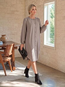 EMERY ROSE Women's Round Neck Long Sleeve Single-Breasted Solid Color Dress - Brown - View 6