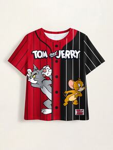 TOM & JERRY X SHEIN Tween Girl Cartoon & Letter Graphic Striped Tee - White - View 7